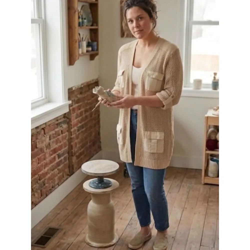 Jaclyn Smith Open Front Cardigan Sz L Tan